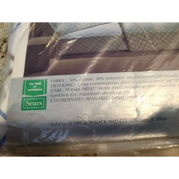 Vtg Sears Hampton Plaid  Full Flat Sheet Perma Prest Muslin 82X96 New Old Stock - Picture 7 of 8